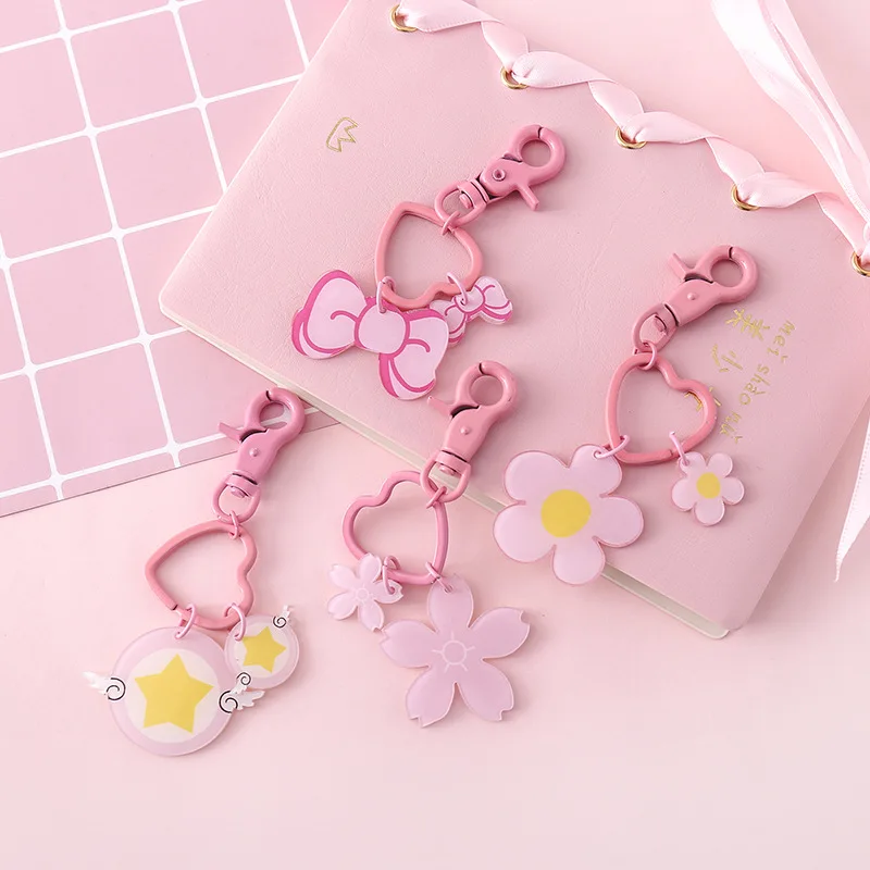 

1pcs 9.5cm Cute Pink Peach Cherry Blossom Bow Star Metal Acrylic Keychain Diy Making Bag Car Jewelry Accessories