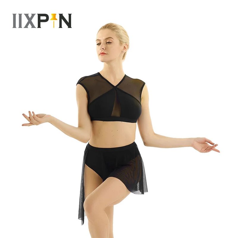 Женский ассиметричный костюм для танцев короткий топ без рукавов и с короткой