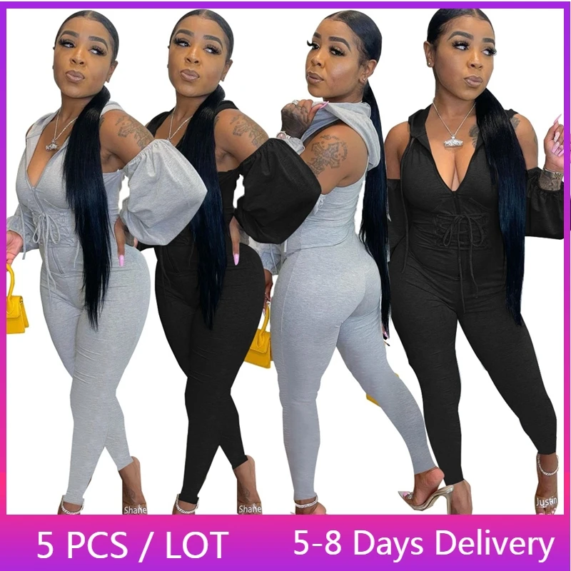 

Комбинезон женский однотонный с капюшоном, Повседневная Уличная одежда, бандажный Ромпер на шнуровке, с V-образным вырезом и длинным рукаво...