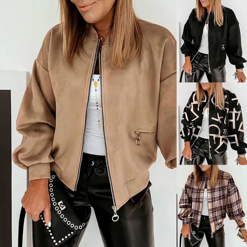 

Autumn Khaki Zipper Women's Short Jacket Lantern Long Sleeve Stand Collar Pocket Female Coats Simple Streetwear Casual Lady Coat