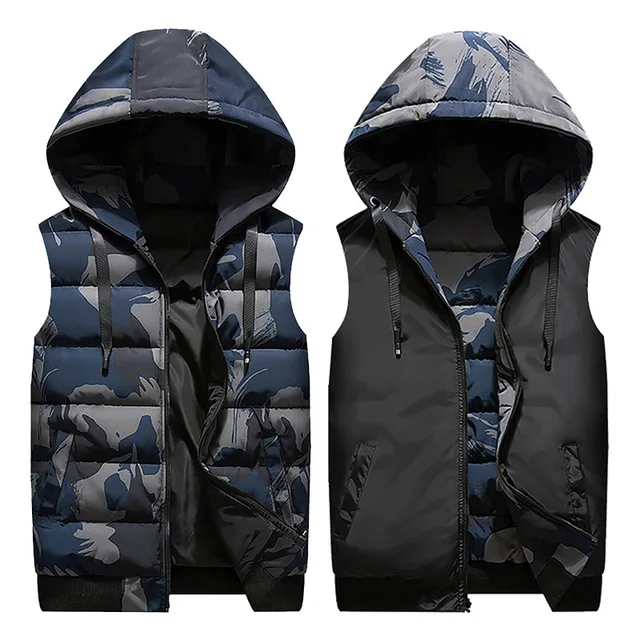 Camouflag Blue Новые зимние Реверсивные куртки без рукавов с капюшоном Стильный Камуфляжный мужской жилет плюс размер 4XL двусторонний ветрозащитный Теплый жилет - Цвет: Camouflag Blue