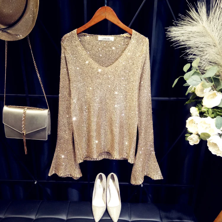 Flare Long Sleeved sweater Women silver Sequins V neck Casual Pullover See-through Bling Slim Knitted Top Lady | Женская одежда