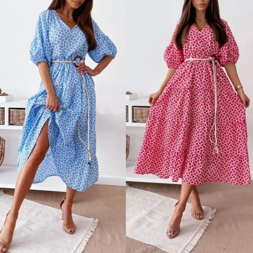 

Fashion Tie-Up Belt Ruffle Dress 2021 Summer Casual Sexy V Neck Floral Print Long Dress Women Retro Puff Sleeve Beach Boho Dress