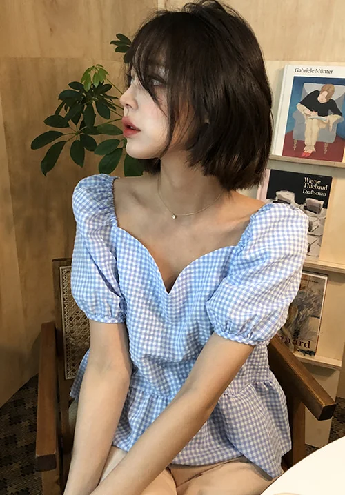 

Korean Ins Retro Sweet Western Style All-Matching Youthful-Looking Puff Sleeve Fresh Milk Blue Plaid Short Shirt Top