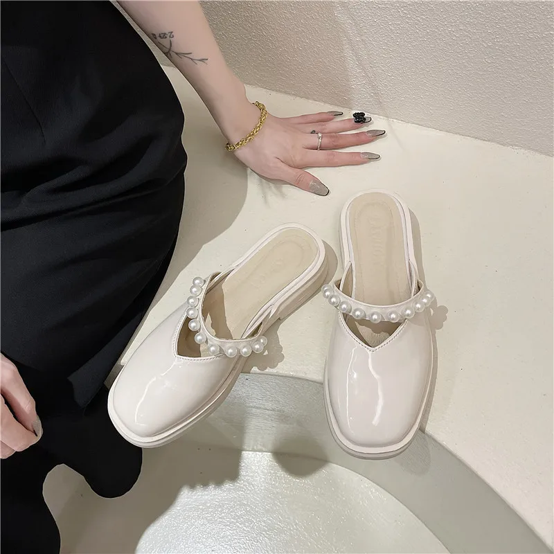 

Butterfly-Knot Med Cover Toe Flat Shoes Female Woman's Slippers Luxury Slides 2021 Soft Designer PU Basic Butterfly-knot