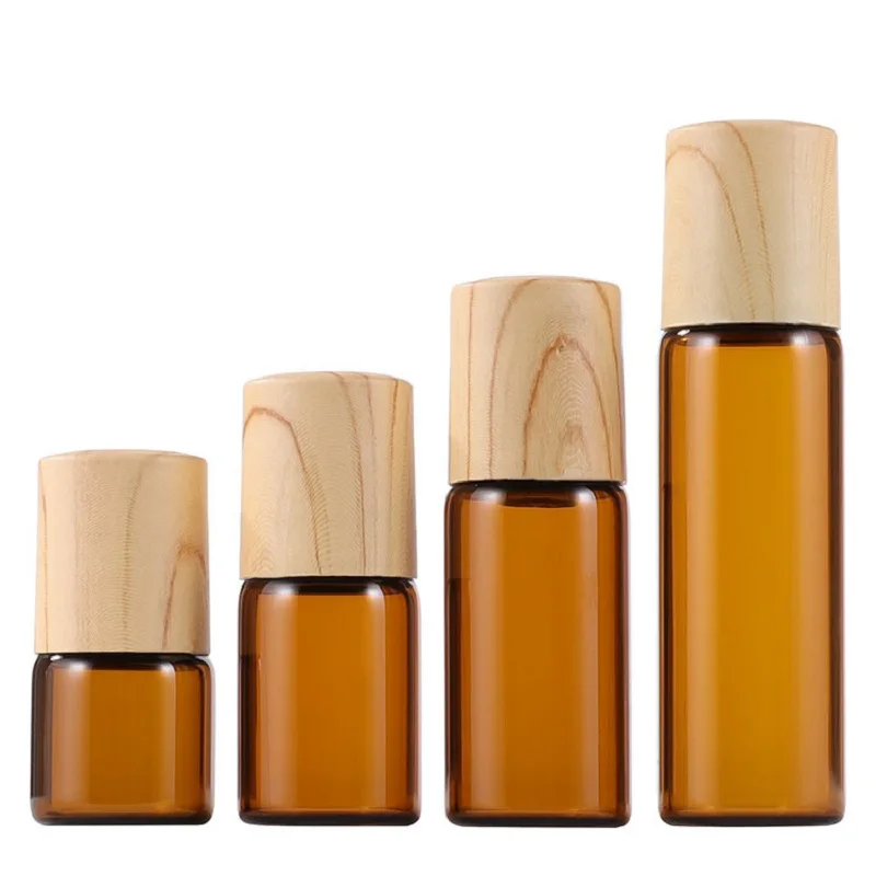1ml2ml3ml5mlWood Grain Cover Roll On Essential Oil Brown Glass Bottle Steel Bead Perfume Packaging Cosmetic Container 100 Pieces