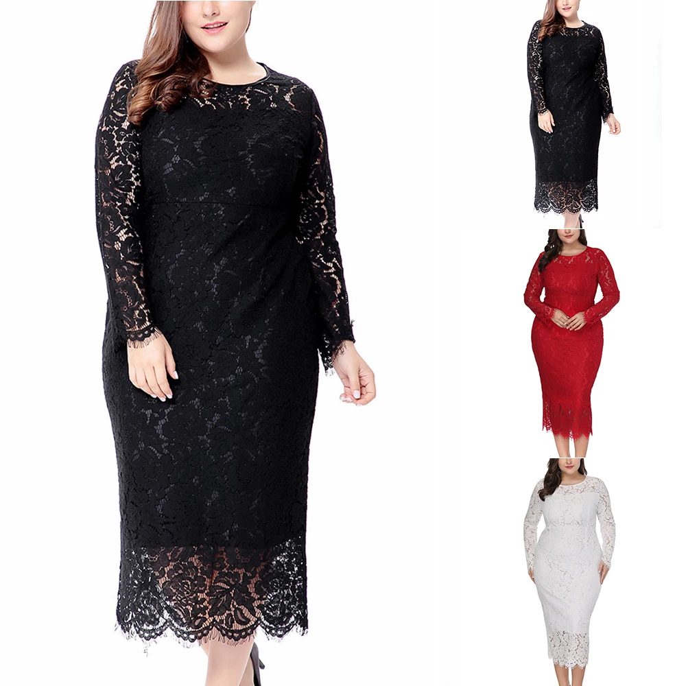 

Women's Fashion Summer Casual Woman Dress Plus Size Women's Long-sleeved Lace Dress