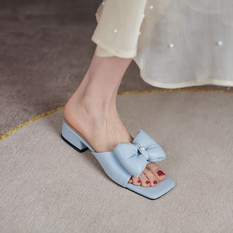 

MEMUNIA 2021 Bowknot Slipper Women Genuine Leather Shoes Pearl Summer Sweet Low Heel Comfortable Casual Shoes Ladies