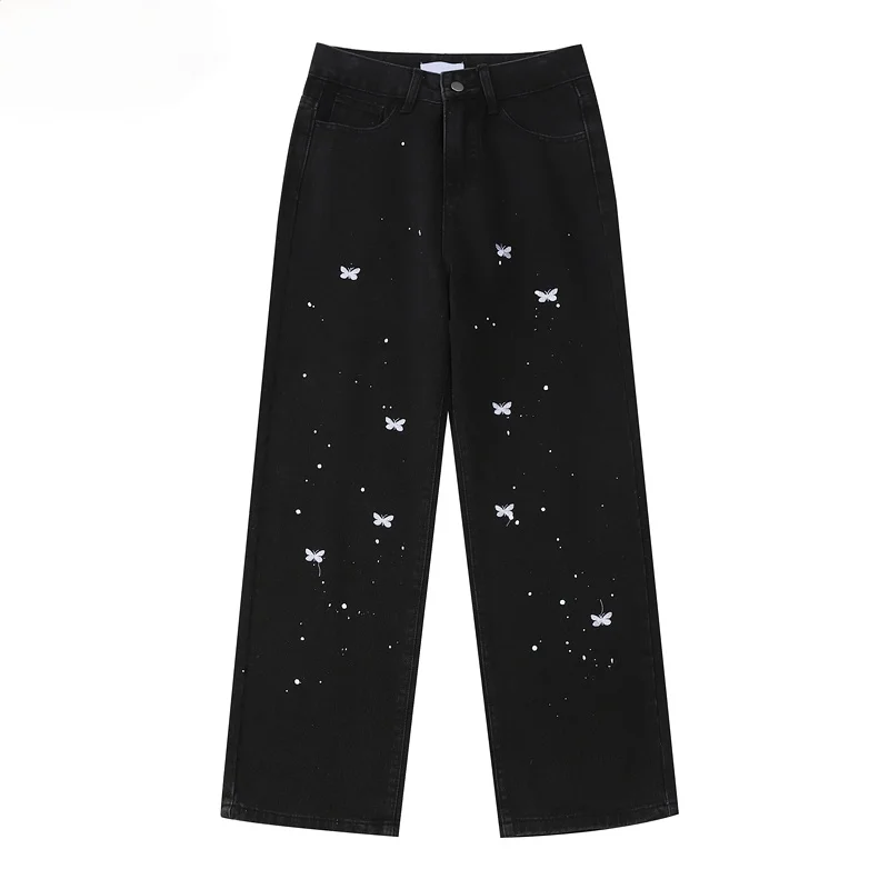 

High Waist Black Women's Jeans 2021 New Y2K Streetwear Vintage Butterfly Embroidery Straight Pants Wide Leg Denim Trouser