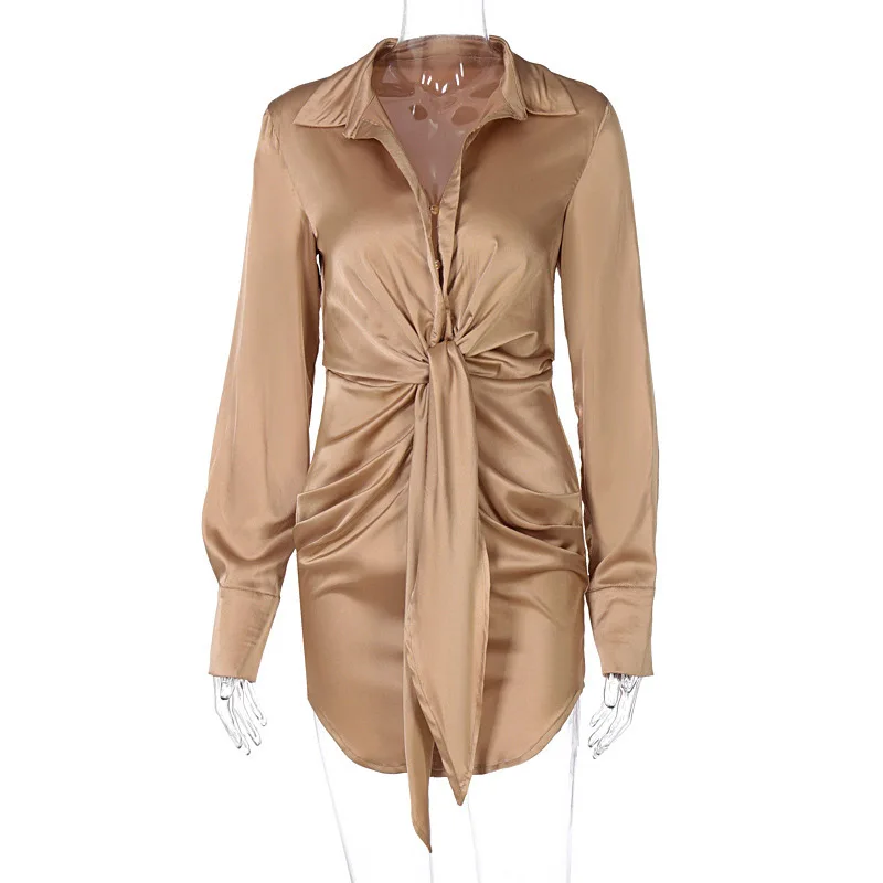 

Long Sleeve Short Shirt Dress Women Thin Turndown Collar Lace Up Buttons Solid Dresses Summer Woman 2021 Summer Elegant Office