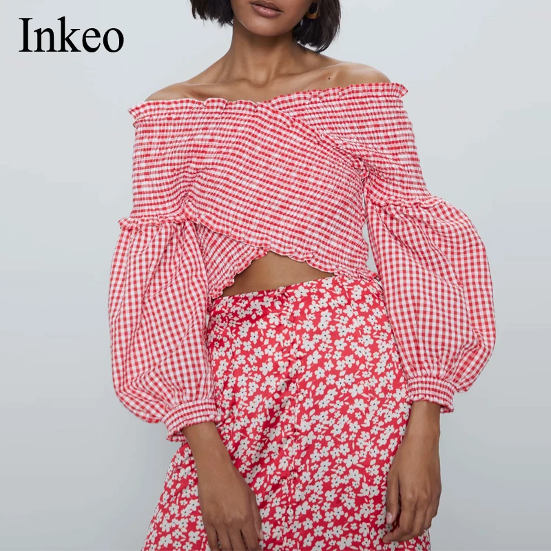 

2020 Summer Elegant Off Shoulder Plaid Tank Tops Women Lantern Sleeve Crop Top Female Summer Holiday Tops Blouse INKEO 9T104