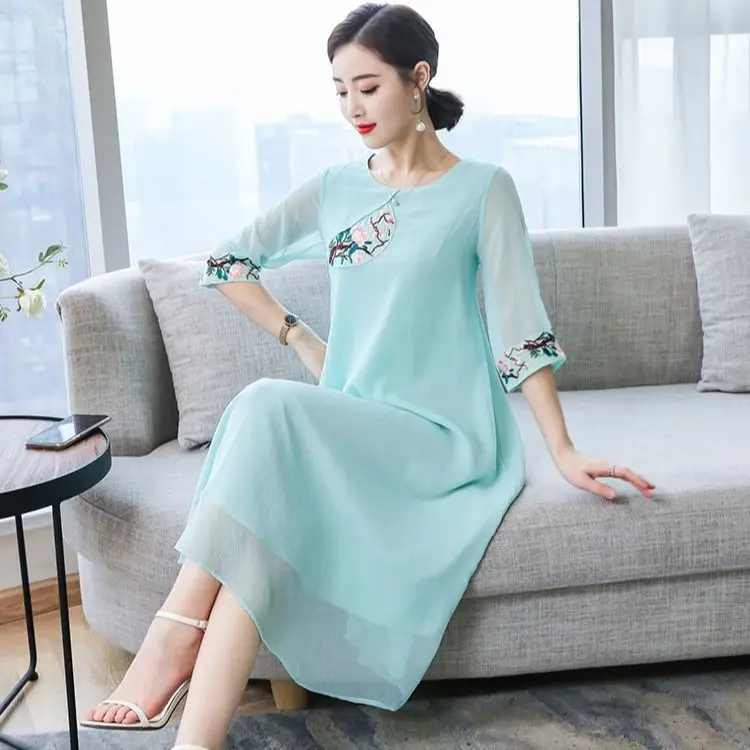 

Spring Summer New Loose Sleeves round Neck Embroidered Long Cheongsam Dress Dress Dresses for Women Vestido De Mujer