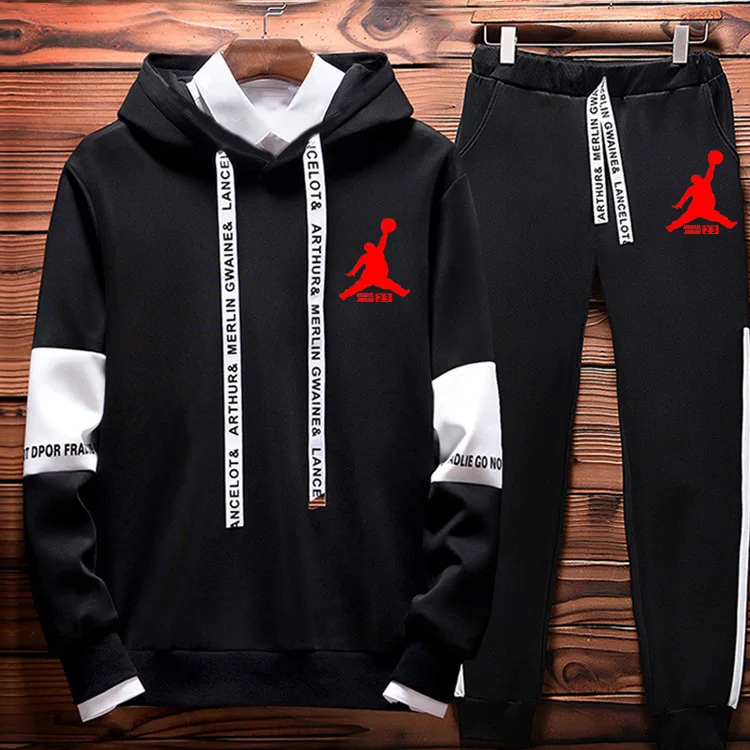 

2020 European and American new trend air layer men's casual sports sweater contrast color two-piece autumn and winter suit