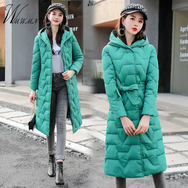 Elegant Slim Hooded Winter Coats Women Korean Fashion Chic Sashes Quilted Jacket Thick Warm Windproof Long Cotton Overcoat Parka