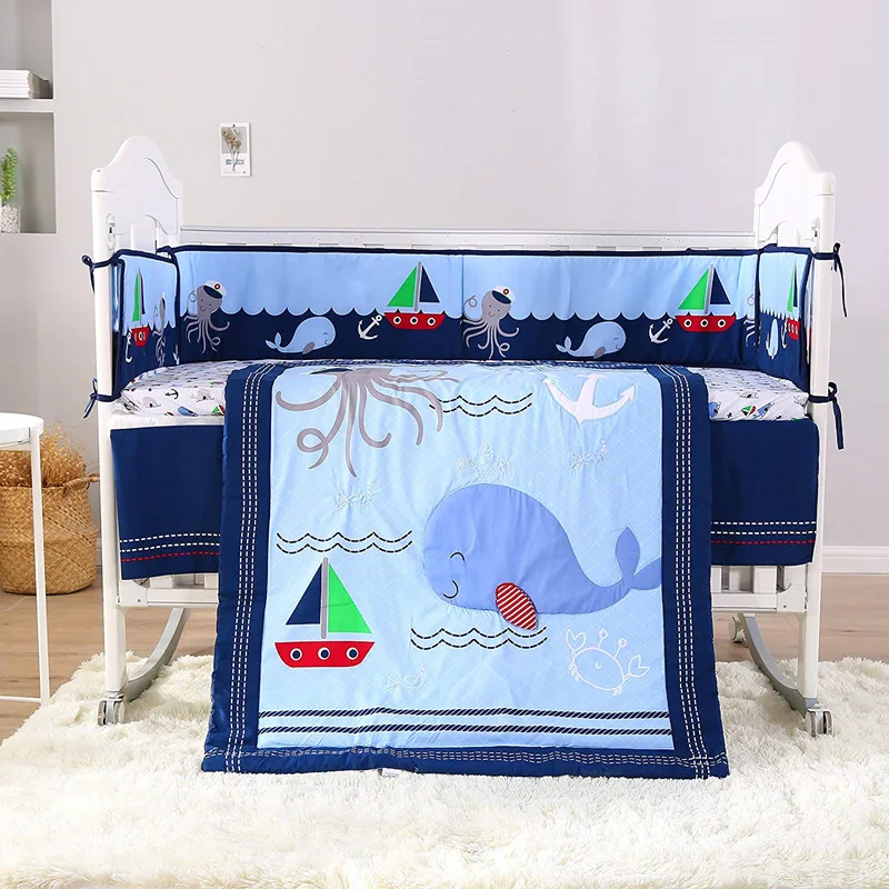 7PCS Ocean animal embroidery Crib Bedding and Cot Set, Baby Bedding Sets cot room dector (4bumper+bed cover+bed skirt+duvet)