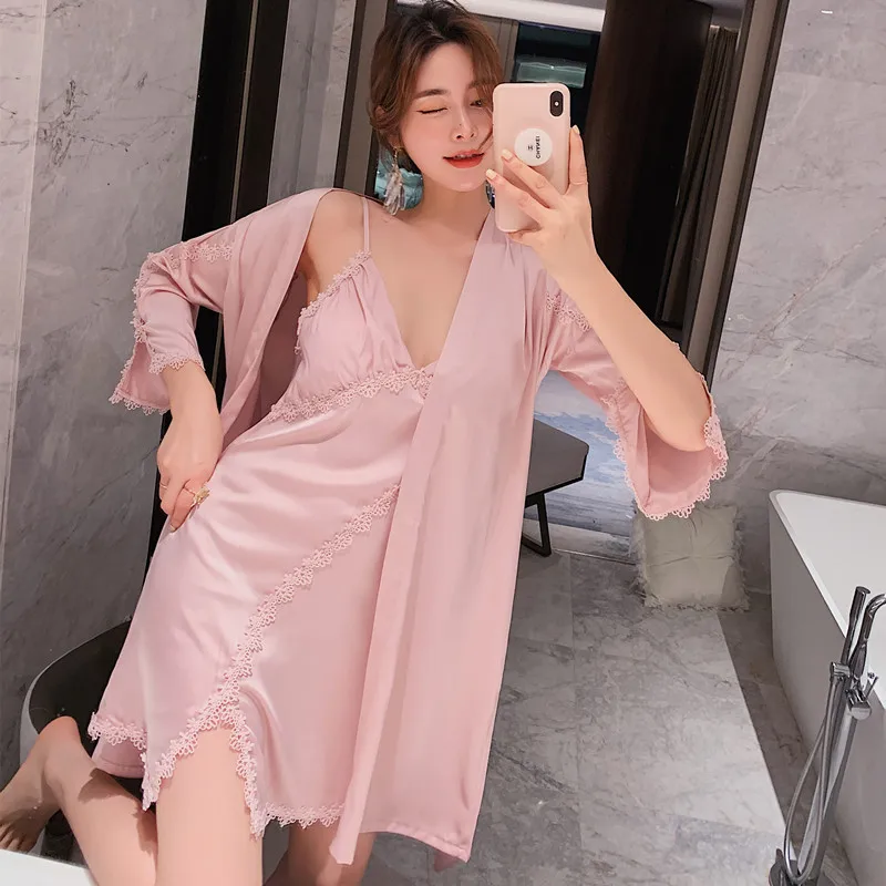 

Red Sexy Sling with Chest Pad 2021 Summer Silk Wedding Honeymoon Morning Gown Lace V-neck Satin Full Sleeve Solid Pajamas