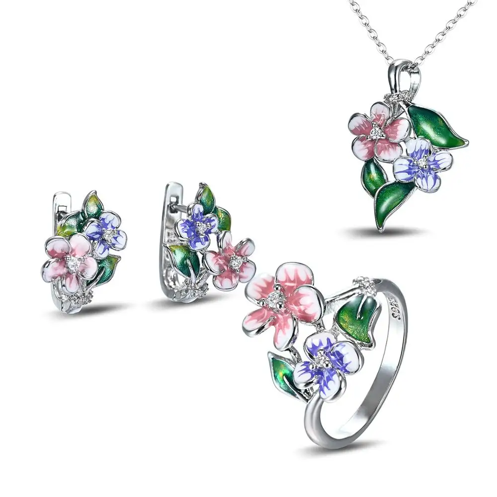 

Foydjew Russia Hot Sale Enamel Color Pink and Purple Pendant Epoxy Resin Flowers Earrings Necklaces Rings Wedding Jewelry Sets