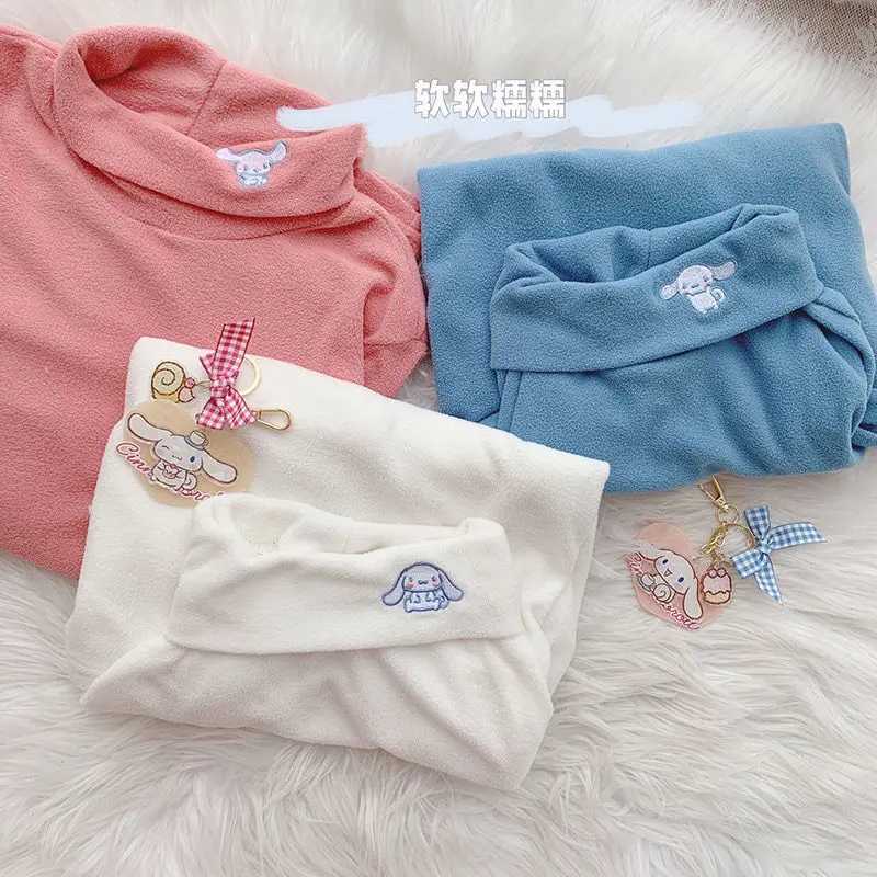 

Japanese cute cinnamon dog embroidered polar fleece T-shirt long-sleeved top high-neck bottoming shirt autumn and winter women