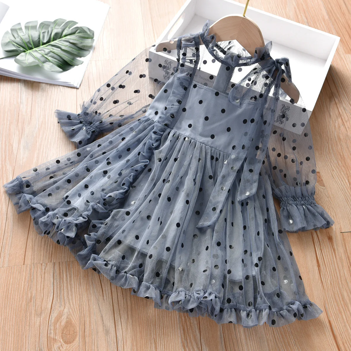 Fashion Girl Party Dresses Mesh Dots Long Sleeve Children Princess Dress Casual Elegant Kids Baby Clothes |