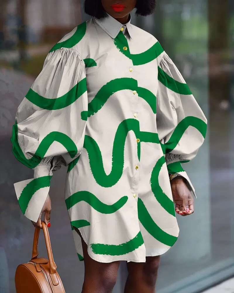 

New Lantern Sleeve Casual Dress Autumn 2021 New African Women Shirt Short Dresses Robe Turn Down Chic Fashion Mini Vestiods Plus