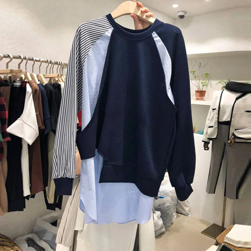 

Женский полосатый пуловер с круглым вырезом и длинным рукавом