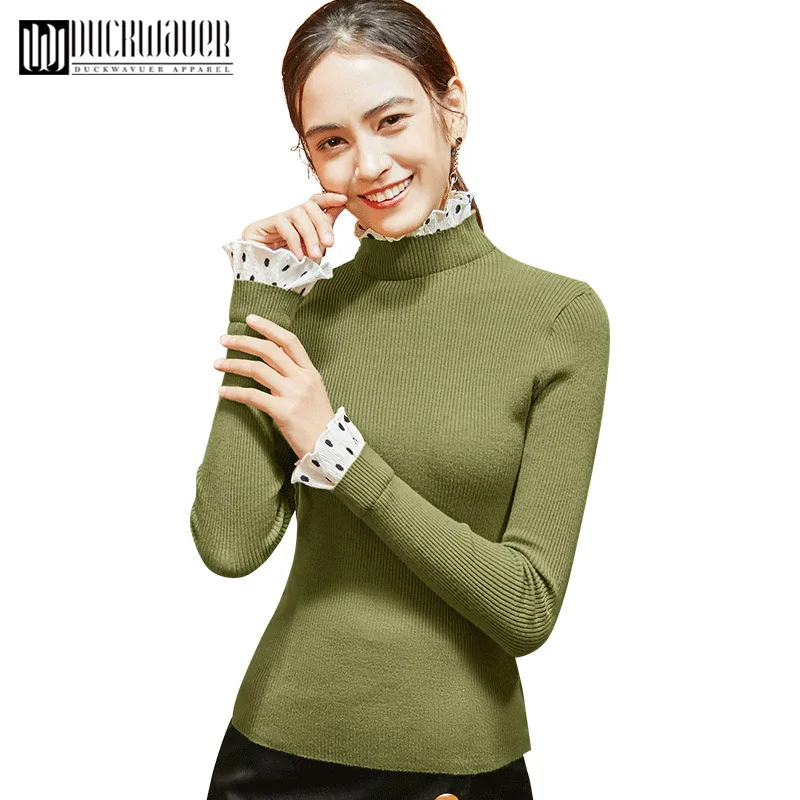 Женский трикотажный пуловер в горошек с высоким воротником и длинным рукавом |