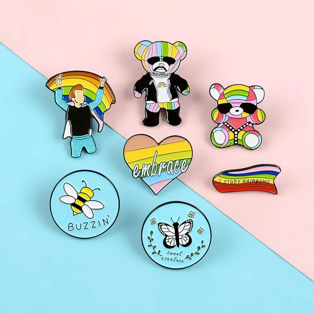 Модная Радуга Сердце Кукла Медведь булавка брошь объятия металлические