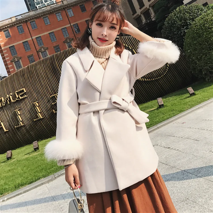 

Winter Coat Women Belted Solid Coat Women's Jacket High Quality Korean Women's Black Coat wool Coat