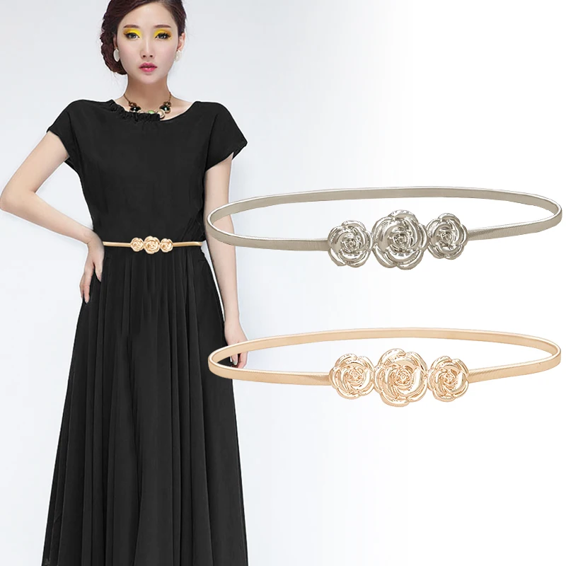 

Ремень Эластичный Женский, облегающий пояс с цветами, цвет золото, на лето