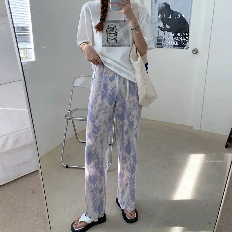 

Folding tie-dye wide-leg casual trousers women summer high waist draped mop pants women thin loose cool street pants women