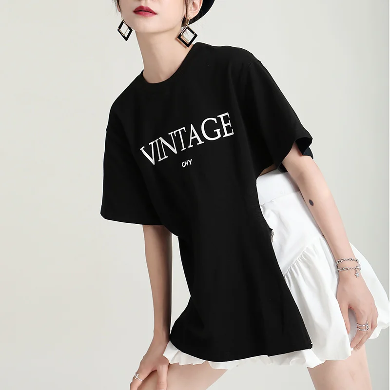 

Short Sleeve Letter Printing T-shirt Women's Tshirts 2021 Summer New Design Feeling Waist Tees Zipper Hollow Tops Yalabovso