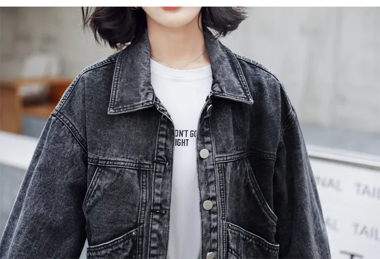 

#3385 Black Blue Denim Cotton Jeans Jacket Ladies Single Breasted Fashion Denim Jacket Women Short Loose Pockets Woman Jacket