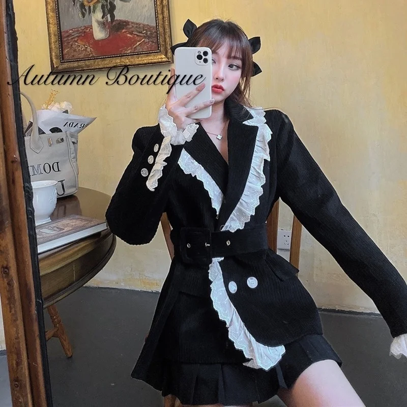 

Button Corduroy Suit Collar Waist-tight Suit Female Autumn and Winter Stitching Wooden Ear Black Long Sleeve Coat Top