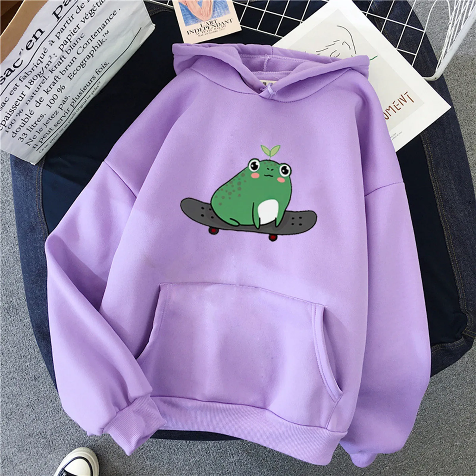 Women Hoodies Oversized Kawaii Frog Hoodie Solid Color Autumn Winter Plus Velvet Warm Cartoon Long-Sleeve Hooded Sweatshirt Tops