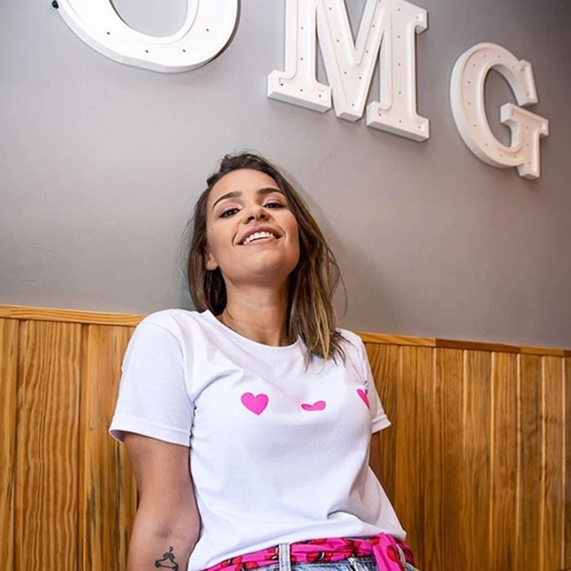 

Heart T-shirt INS Style Trend Short Sleeve Tops Pink Heart Pattern Shirt Off White 100% Cotton Women Causual T-shirt for Lovers