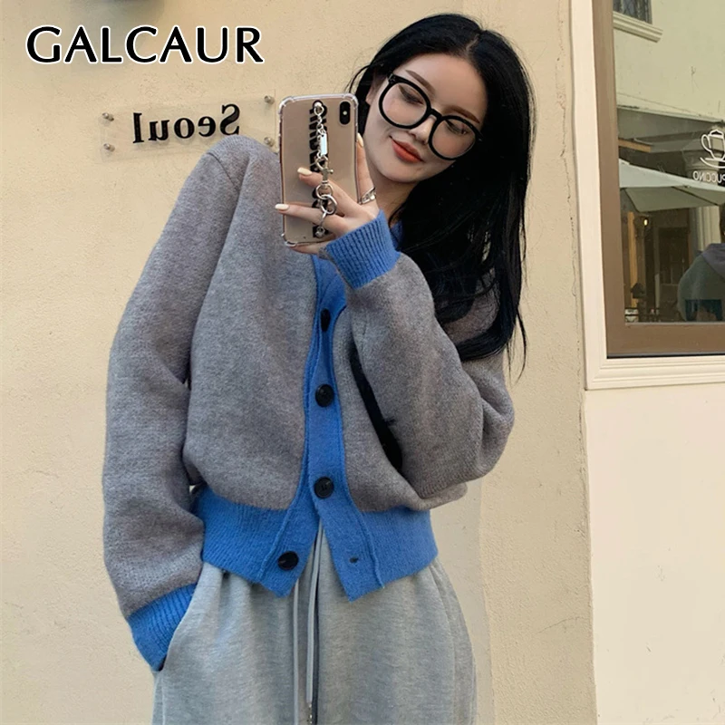 

GALCAUR Straight Patchwork Colorblock Sweater For Women V Neck Long Sleeve Knitting Cardigan Female Korean Fashion Clothing 2021