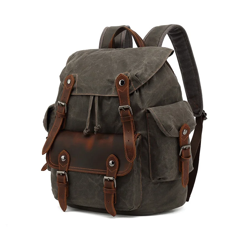 Military Canvas Backpack Men Bag Vintage Leather Students  Notebook Schoolbags Waterproof Outdoor Travel Bag College School Bags