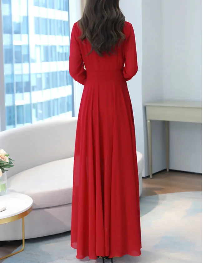 

XIBUSANA 2020 Autumn New V-Neck Long Sleeve Solid Color Chiffon Women High Waist Was Thin Party Dress Large Ankle Length Dress