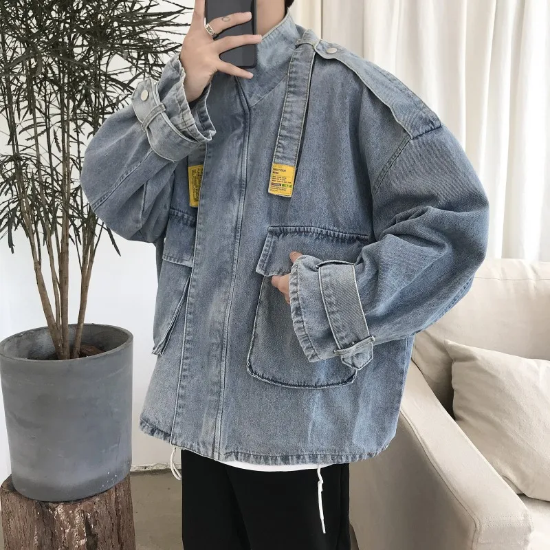 

Oversized Jean Cargo Jackets for Men Korean Fashion Trends Streetwear Teenage Autumn Distressed Zip Up Denim Coat Male Clothing