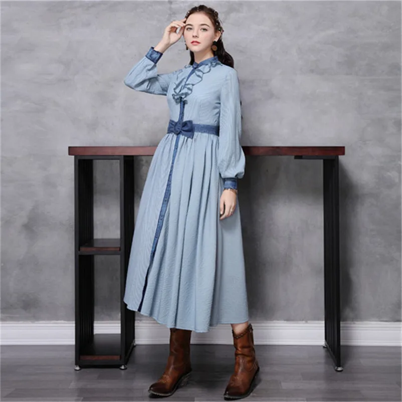 

Women Ruffles Dress 2020 Vintage Original Women's Striped Slim A Line Dresses Long Sleeve Single Breasted Vestidos