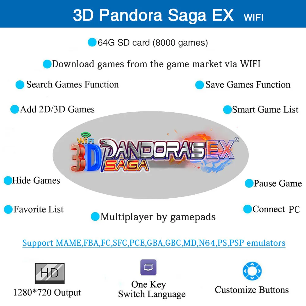 Дешево 3D Pandora Сага Box EX2 8000 в 1 комплект «сделай сам» 2 игры аркадная игровая консоль шкафчик бартоп 8 Way джойстик переключатель Тип кнопочного типа