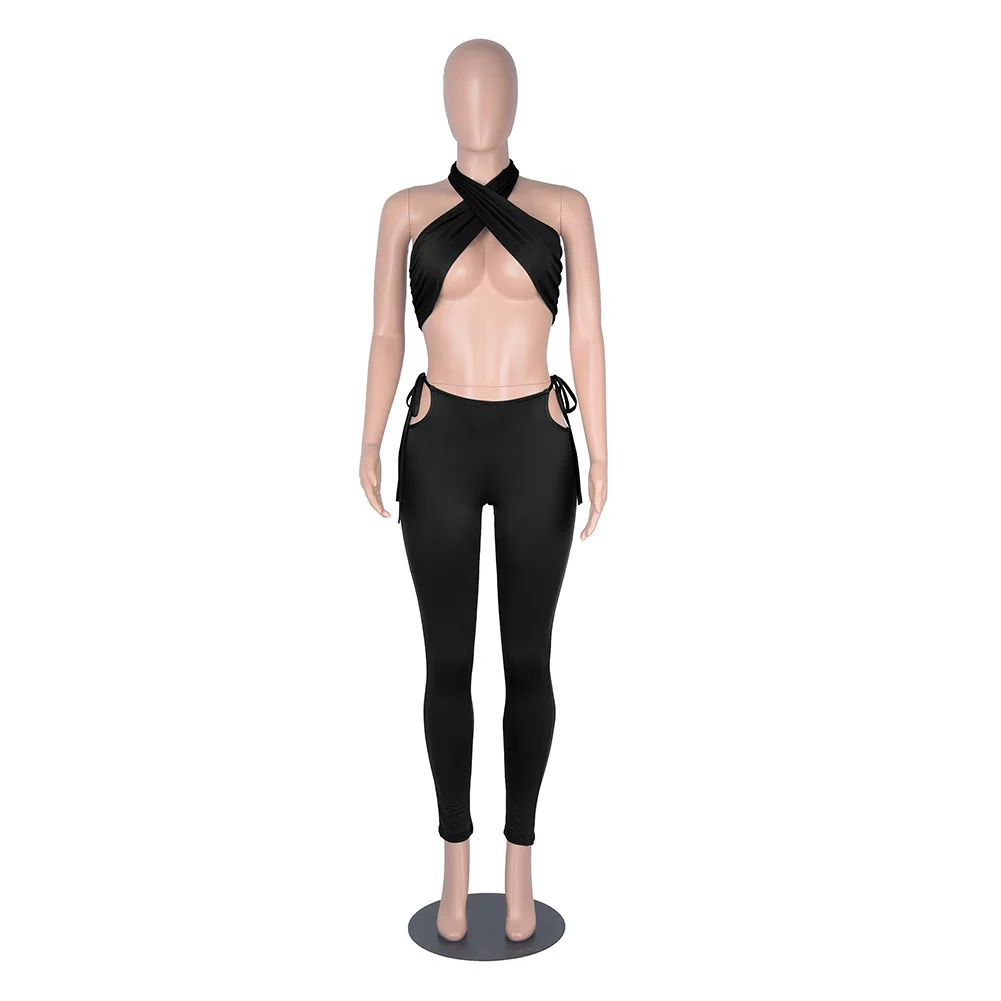 

Echoine Women Solid Color Two Piece Set Cross Halter Backless Bra Crop Top And Cut Out Lace Up Pencil Pants Night Club Suits