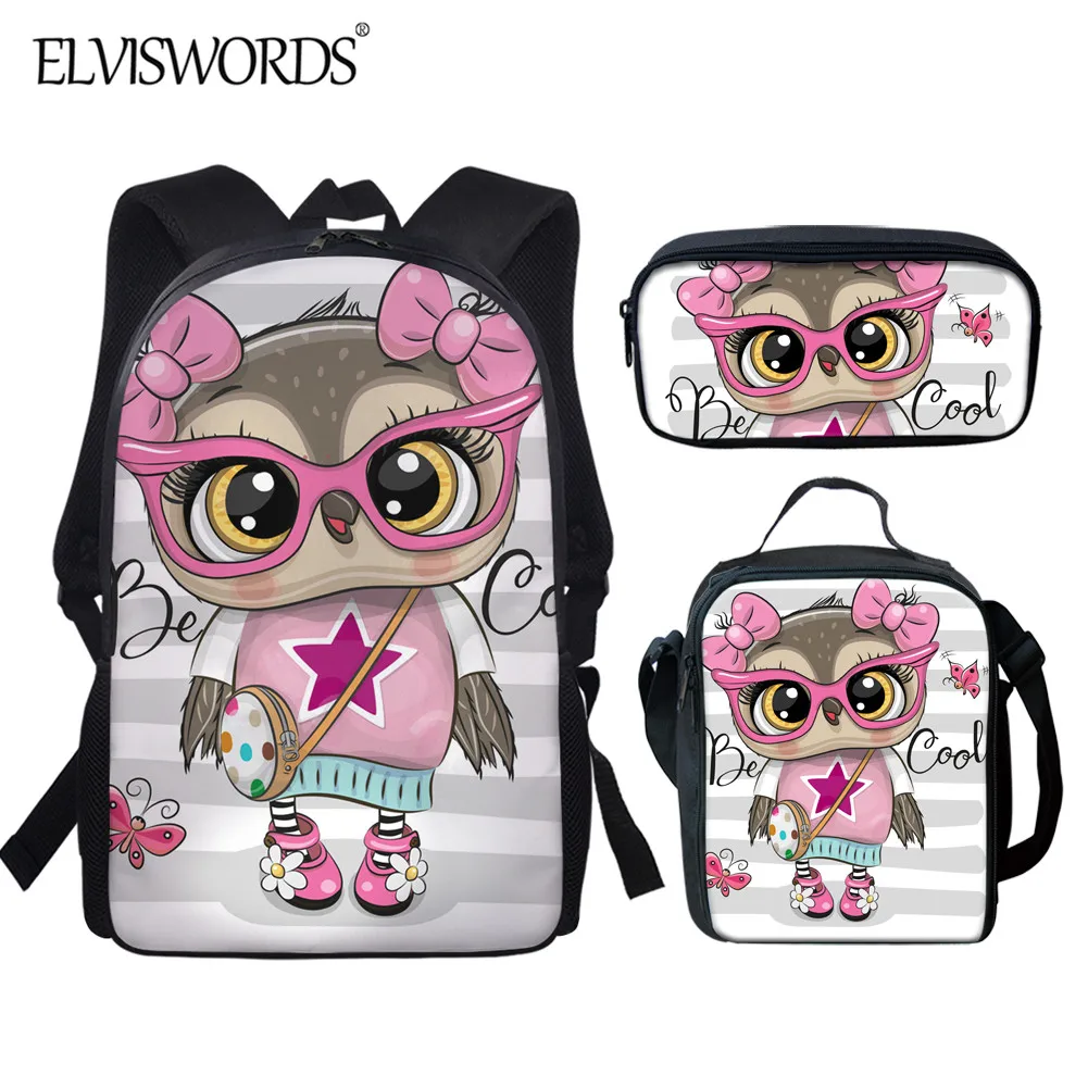 

ELVISWORDS 2020 New Girls Cartoon Schoolbag Sets Cute Owl Backpack for Primary Student 3pcs/set Book Bag Kids Kawaii Bag mochila