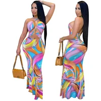 summer new style womens sexy fashion printed chest wrapped tie halter neck long dress