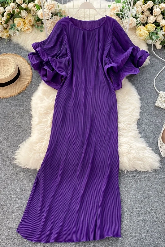 

Solid Color Loose Ladies Pleated Dress Summer New Fashion Chic Dresses Female Double Layer Butterfly Sleeve Vestidos