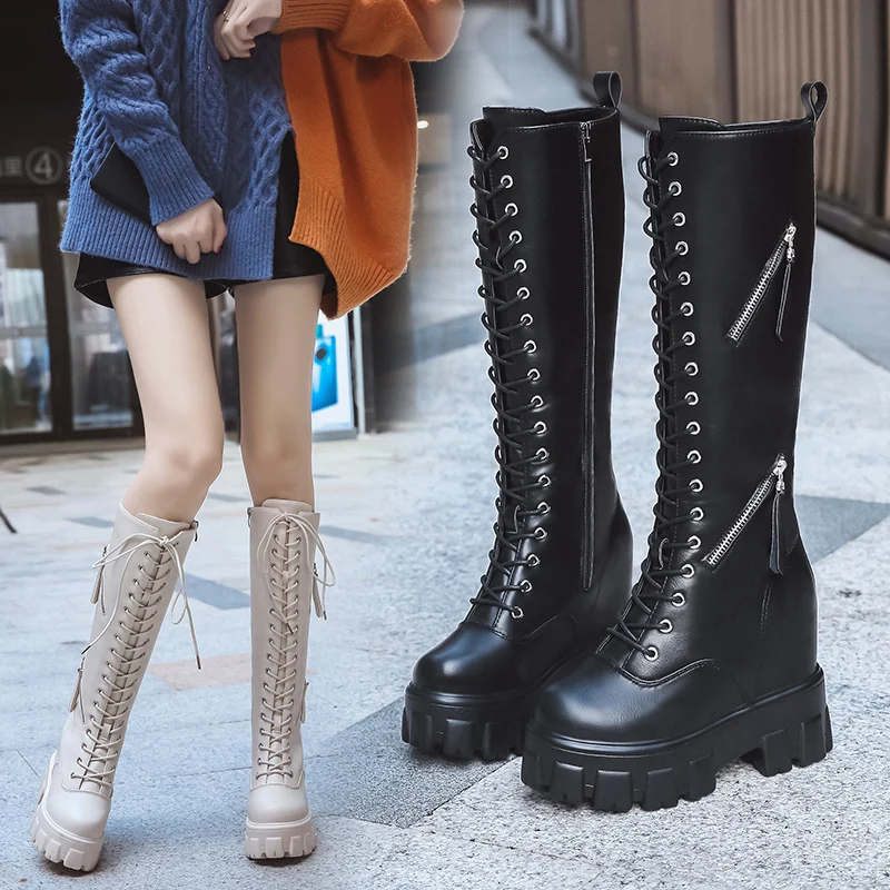 

Winter Women Knee High Boots Wedges Platform Lace up Long Boots High Heels 11CM Plush Inside Warm Fur Shoes Motorcycle Boots New