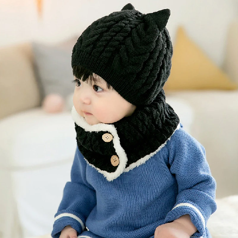 2Pcs/Set Baby Hats Scarf Knitted Wool Newborn Turban Beanie Warm Print Caps Soft Hat For Girls Boys Elastic Bonnet Autumn Winter | Детская