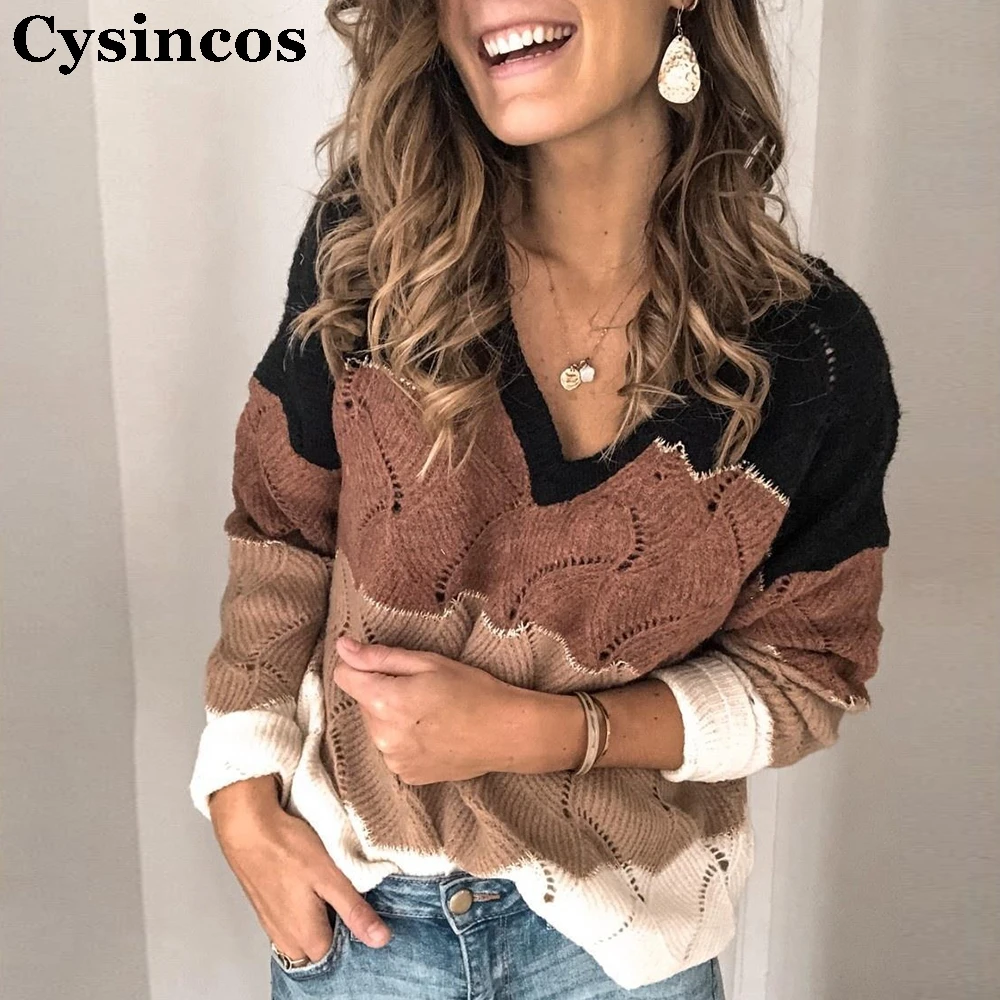 Cysincos Женский вязаный свитер осень зима сексуальный v-образный вырез полосатый принт свитер свободного покроя размера плюс длинный рукав Топы Пуловер Джемпер