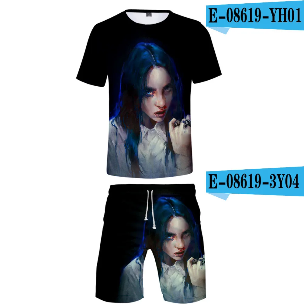 Billie Eilish Never Broke agne, комплект из 2 предметов с 3D принтом, летняя популярная хип-хоп модная уличная футболка, комплект из рубашки и коротких штанов - Цвет: 3d
