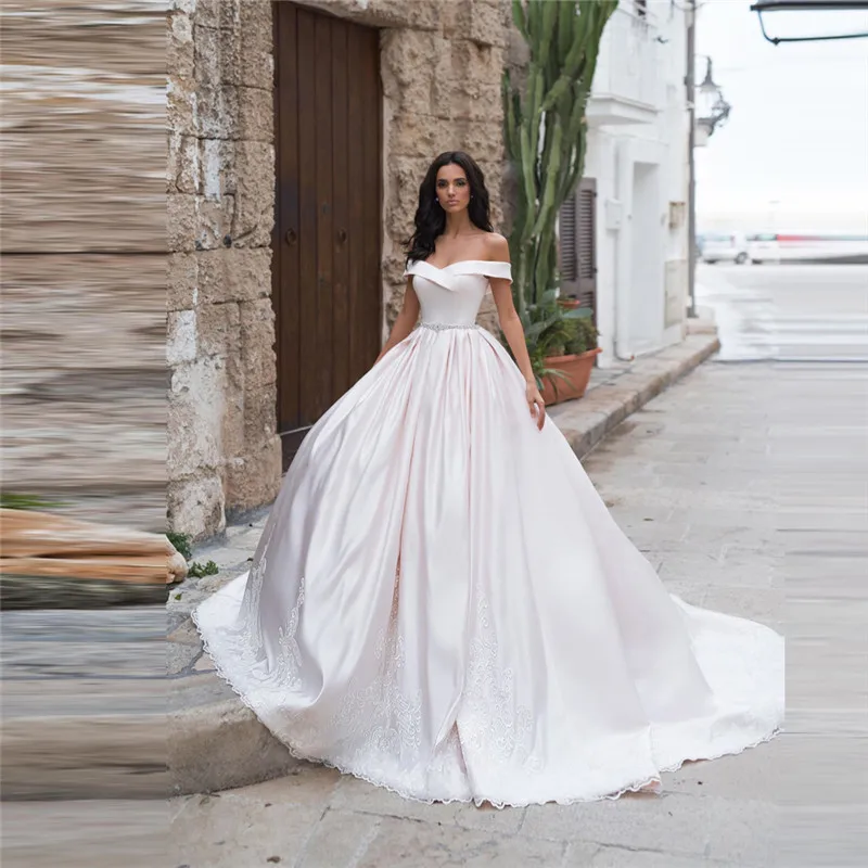 

Кружевное бальное платье с открытыми плечами и аппликацией, свадебное платье, женское атласное платье принцессы с короткими рукавами, модн...